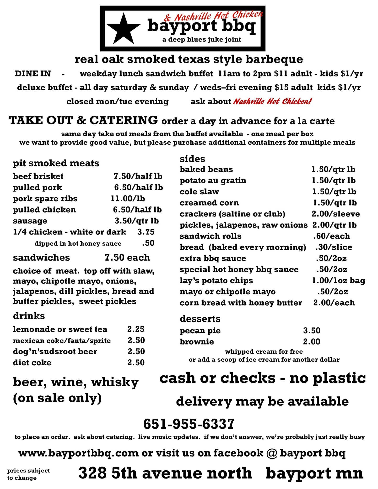 Bayport BBQ menu, Menu restauracji Bayport BBQ, Bayport, Twin Cities