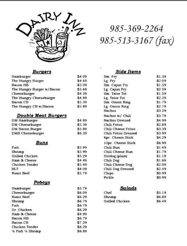Dairy Inn Menu, Menu for Dairy Inn, Napoleonville, Houma Urbanspoon