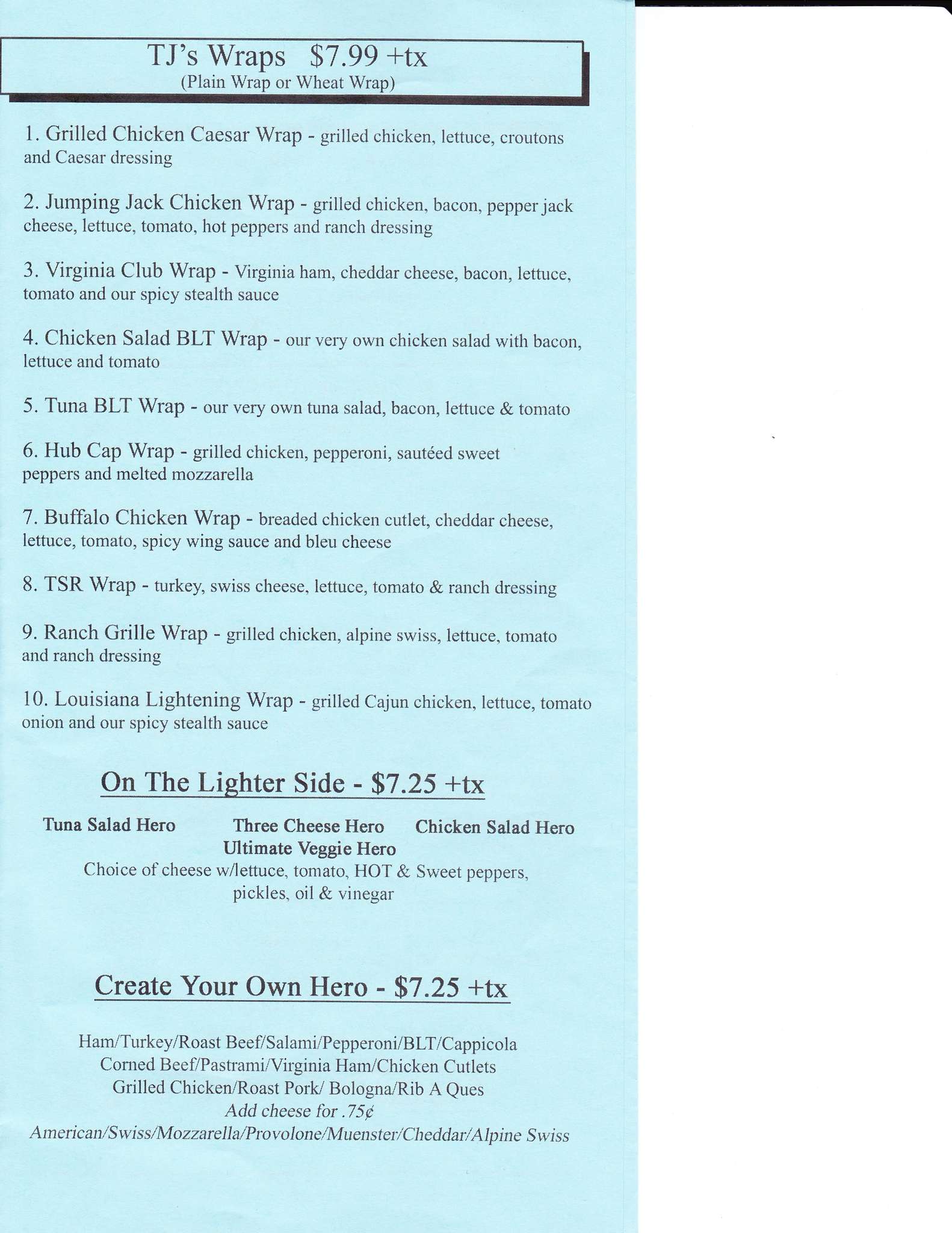 Menu at T J's Hero Shop restaurant, Mastic Beach