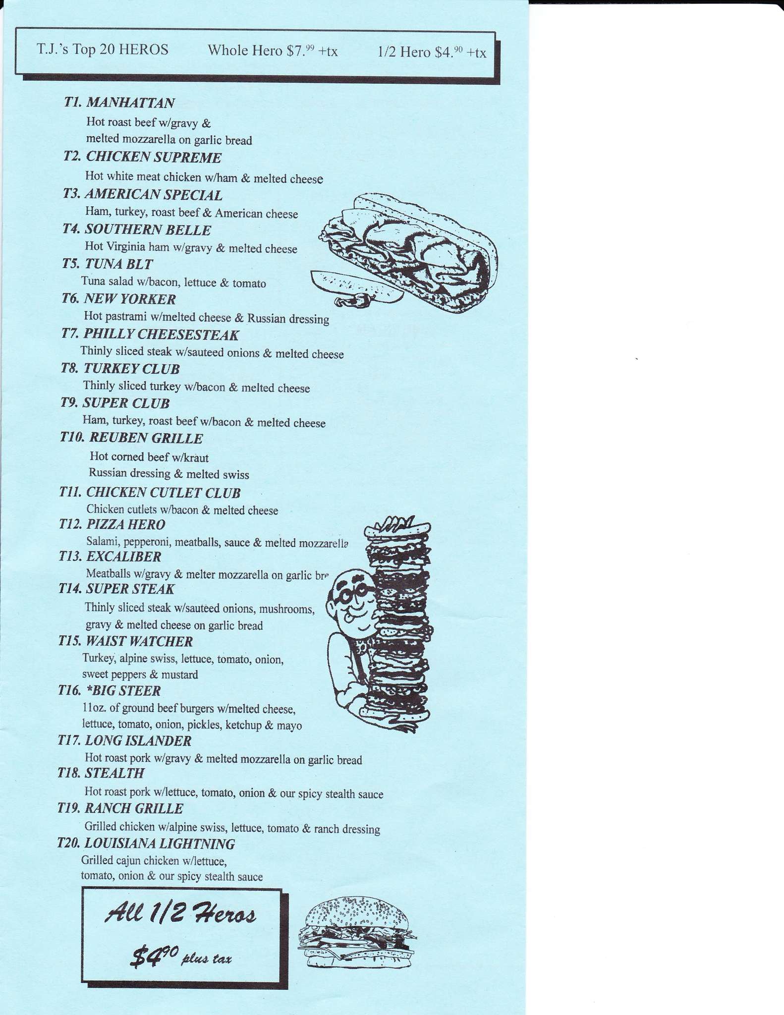 Menu at T J's Hero Shop restaurant, Mastic Beach