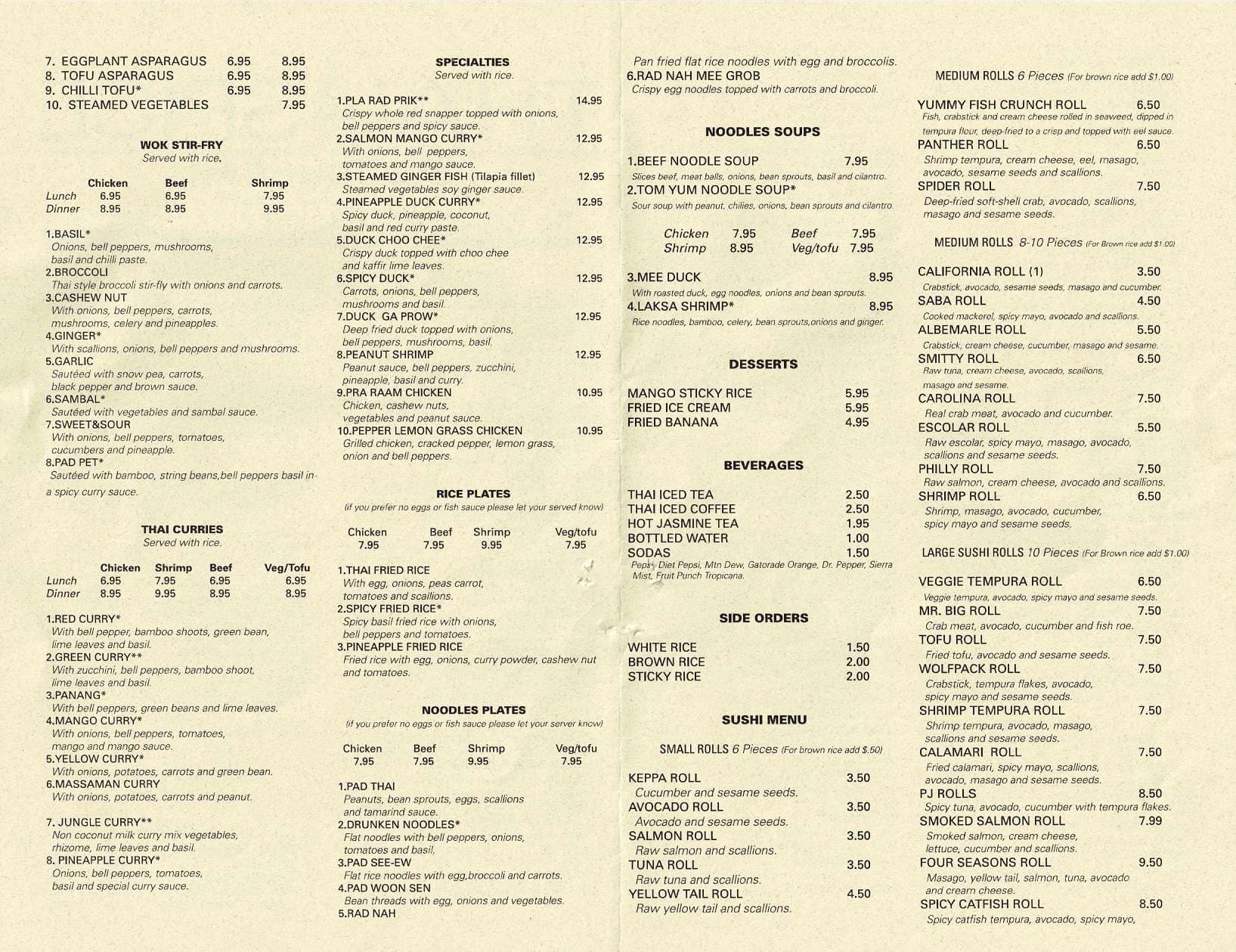 Menu at Thai Spice & Sushi Bar, Albemarle