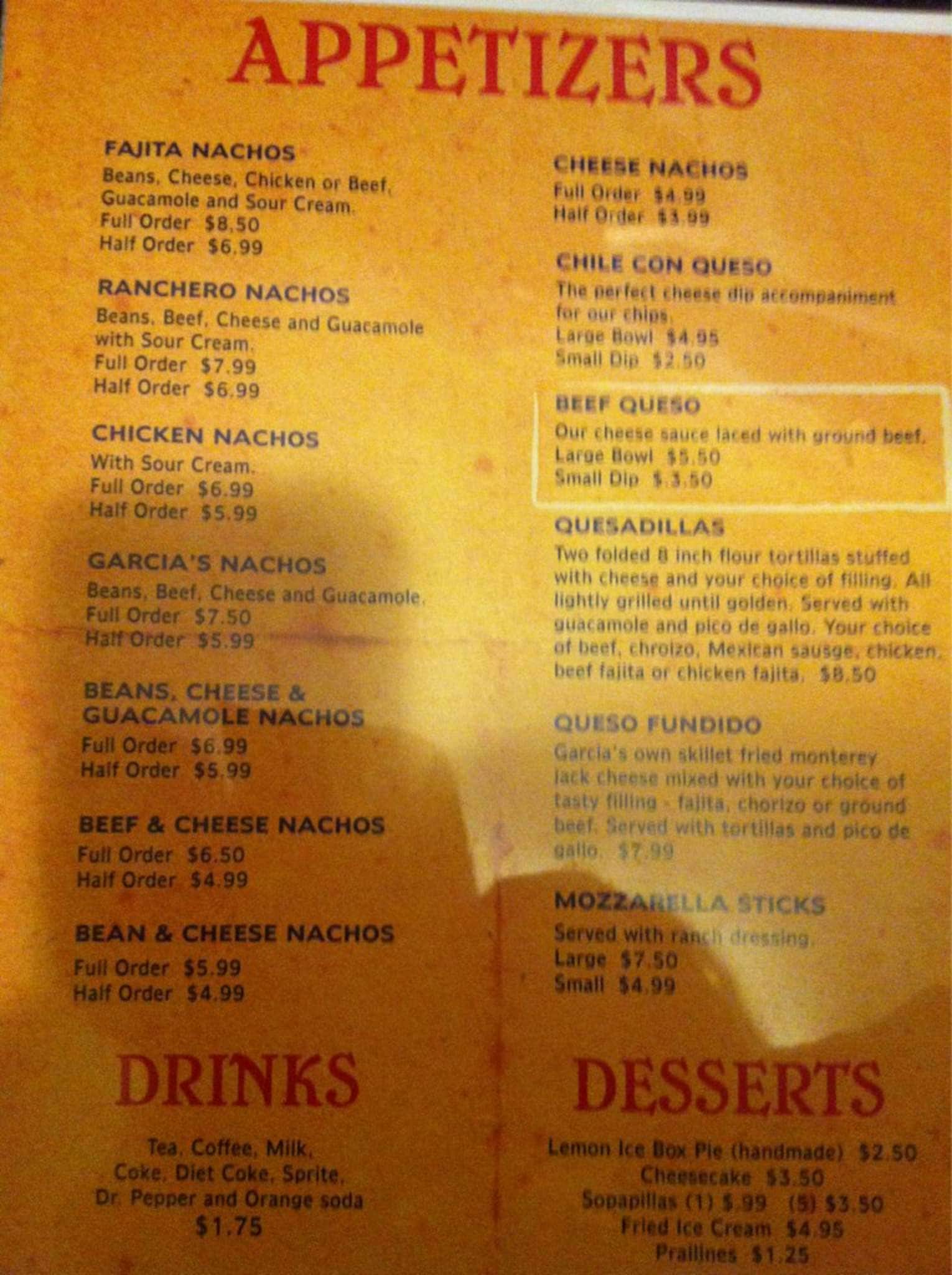 Menu at Garcia's Mexican Restaurant, Tolar