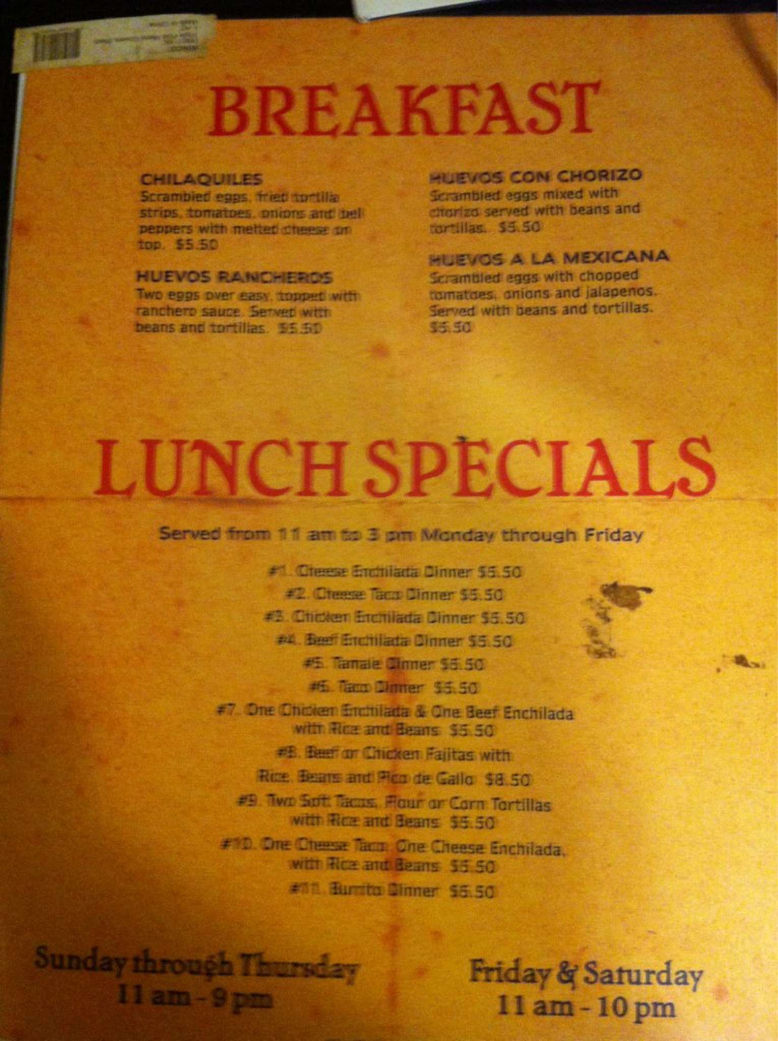 Menu at Garcia's Mexican Restaurant, Tolar