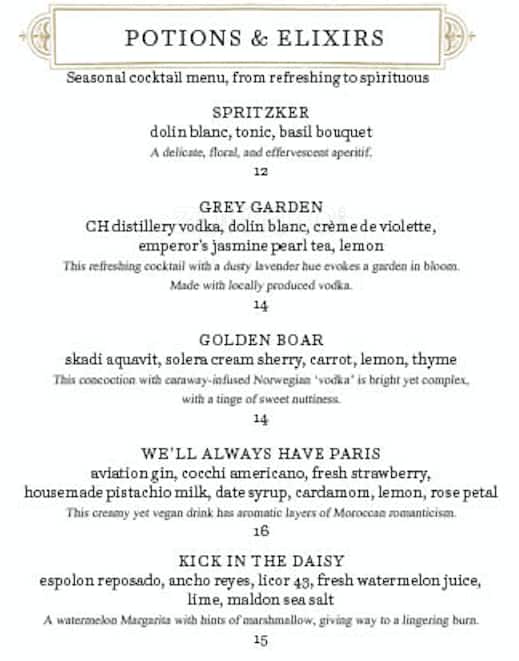 Menu at Cindy's Rooftop restaurant, Chicago