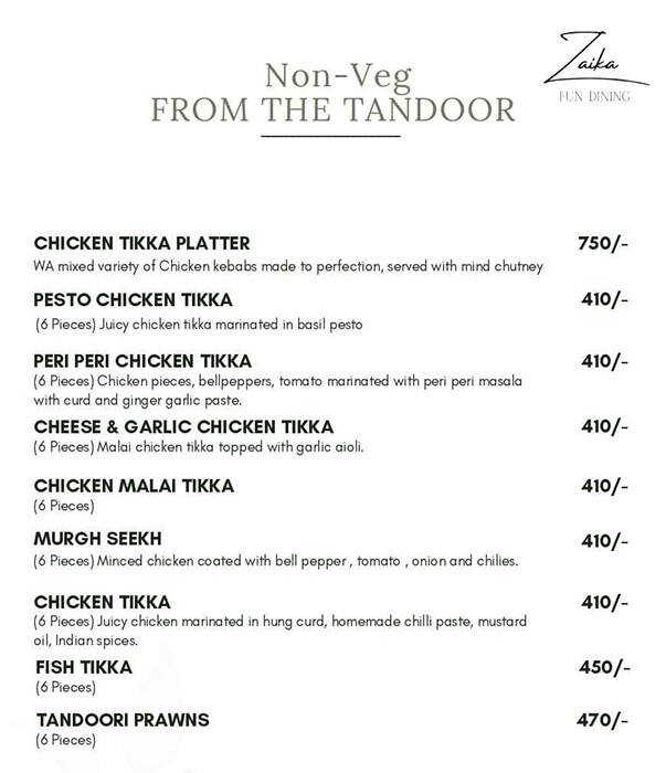 Menu of Zaika Fun Dining | Club Aquaria, Borivali West, Mumbai