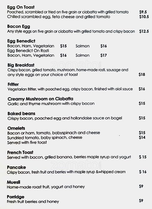 Vanilla Cafe menu, Menu restauracji Vanilla Cafe, Belmont, Auckland