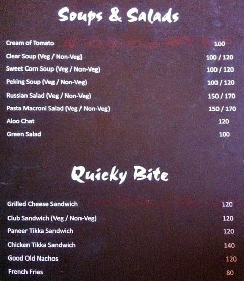Quazara Lounge menu