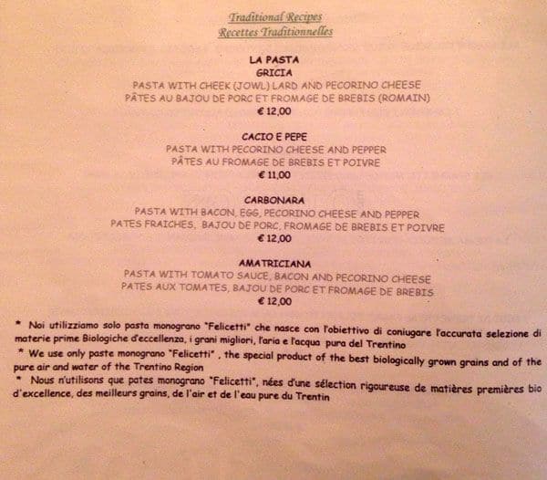 Menu di Hostaria Luce 