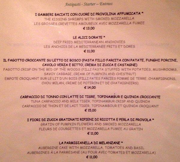 Menu di Hostaria Luce 