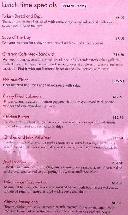 Criterion Cafe menu