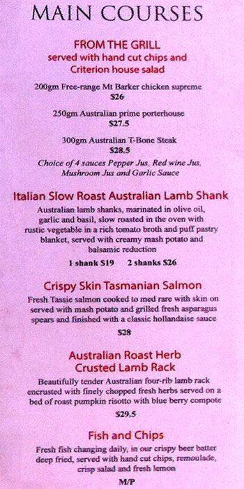 Criterion Cafe menu