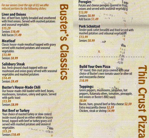 Buster's menu