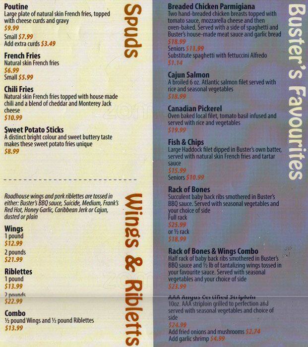 Buster's menu