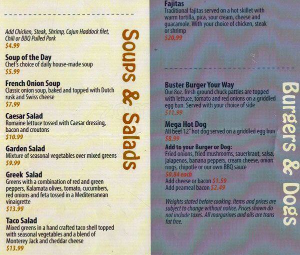 Buster's menu