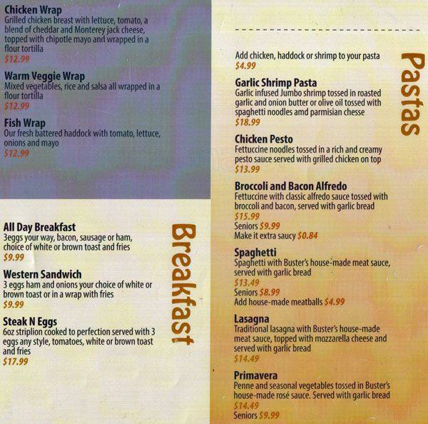 Buster's menu