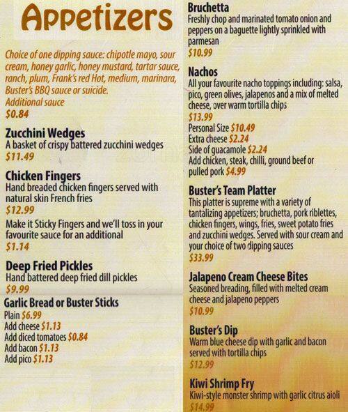 Buster's menu