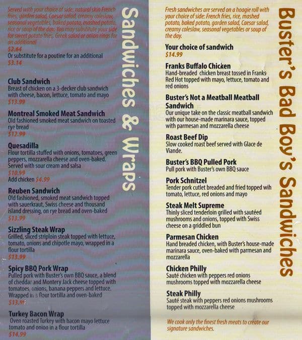 Buster's menu