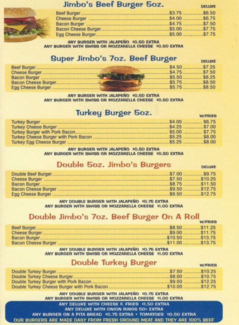 Menu at Jimbo's Hamburger restaurant, New York City, Amsterdam Ave