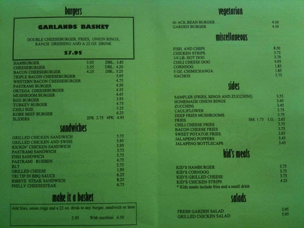 Menu at Garlands Hamburgers restaurant, Grover Beach