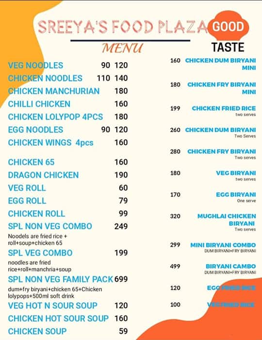 Menu of Sreya's Food Plaza, Madhurawada, Vizag