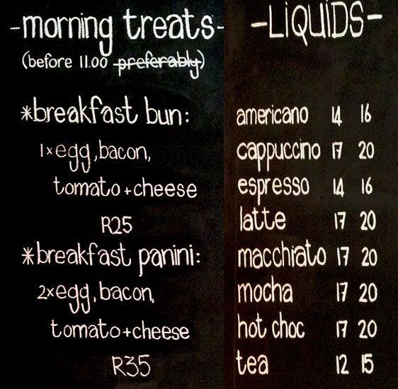Menu at The Foundry cafe, Cape Town