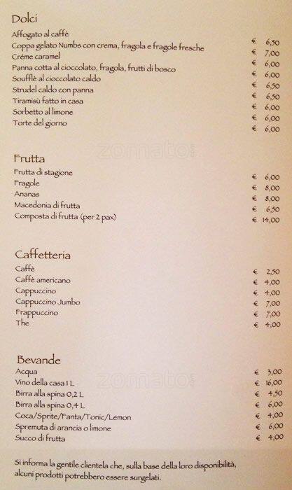 Menu di Numbs - Campo De Fiori 