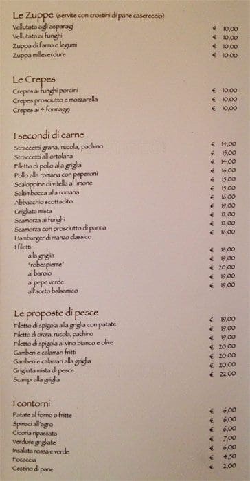 Menu di Numbs - Campo De Fiori 