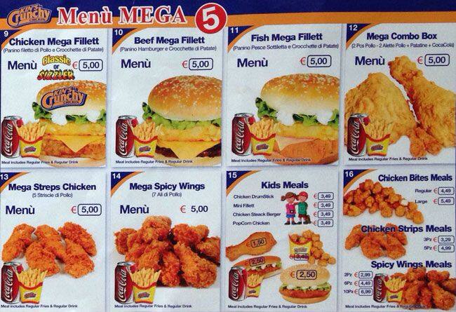 Menu at Kin's Crunchy Chicken restaurant, Rome, Via Carlo Alberto