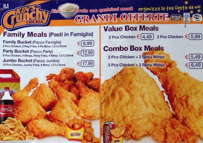 Menu at Kin's Crunchy Chicken restaurant, Rome, Via Carlo Alberto
