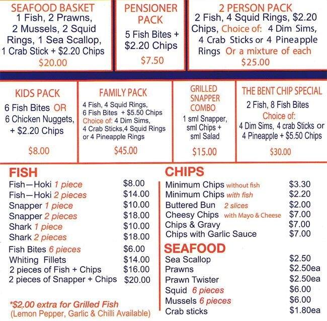 The Bent Chip Menu, Menu for The Bent Chip, Safety Bay, City of