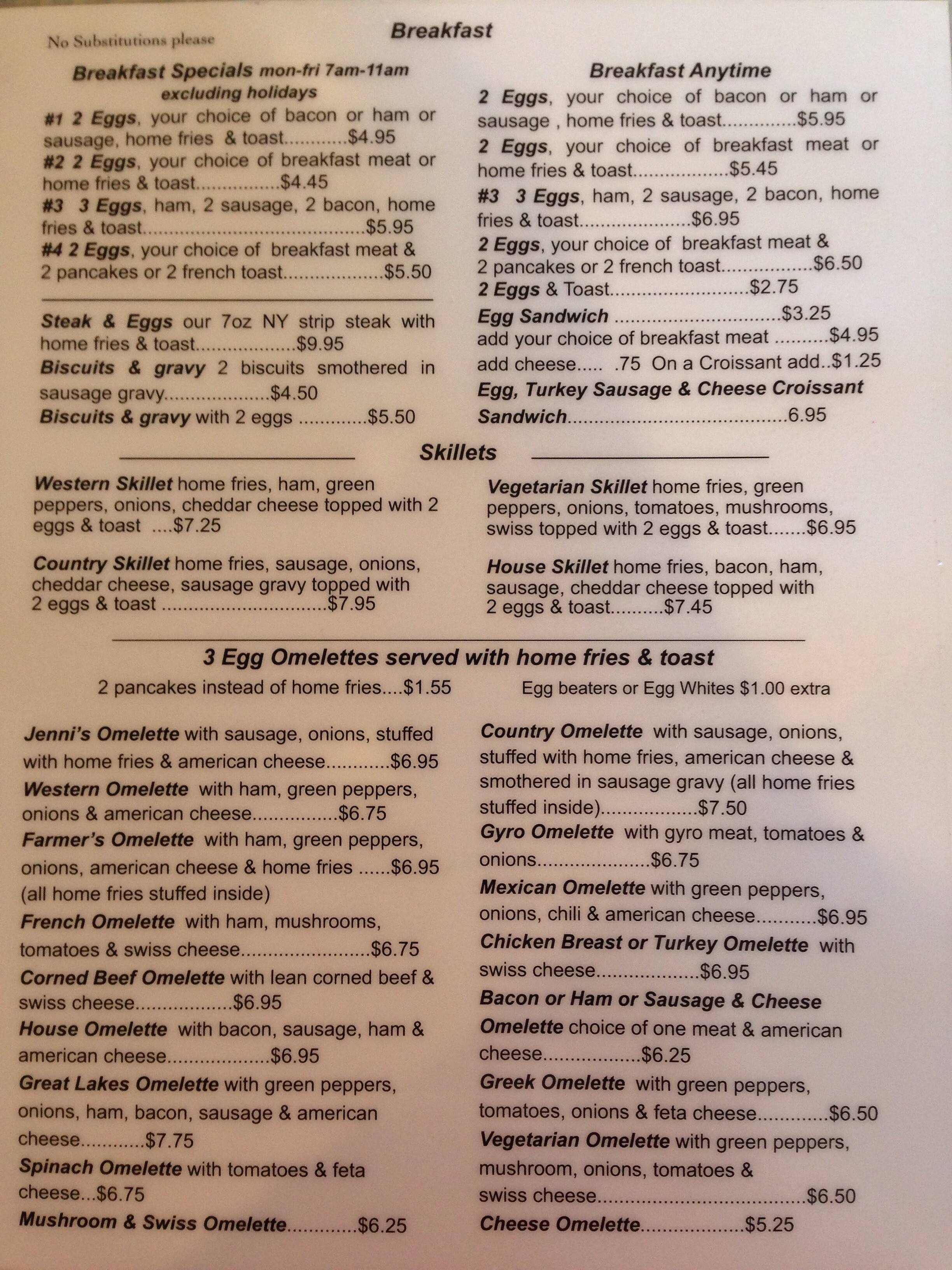 Jenny's Menu, Menu for Jenny's, White Lake/Walled Lake, Detroit