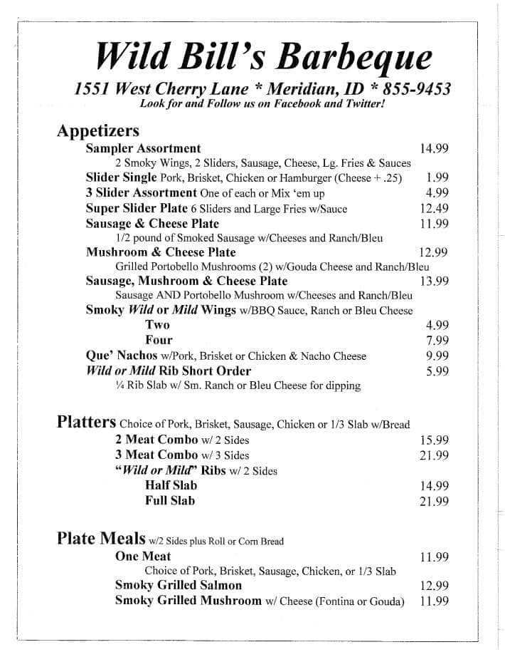Wild Bill's Barbeque Menu Urbanspoon/Zomato
