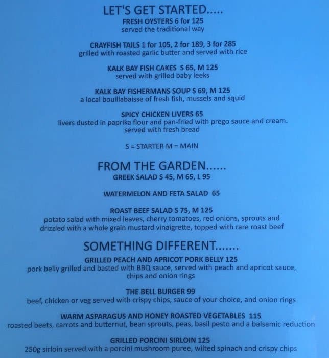 Brass Bell Menu, Menu for Brass Bell, Kalk Bay, Bay Area, Cape Town