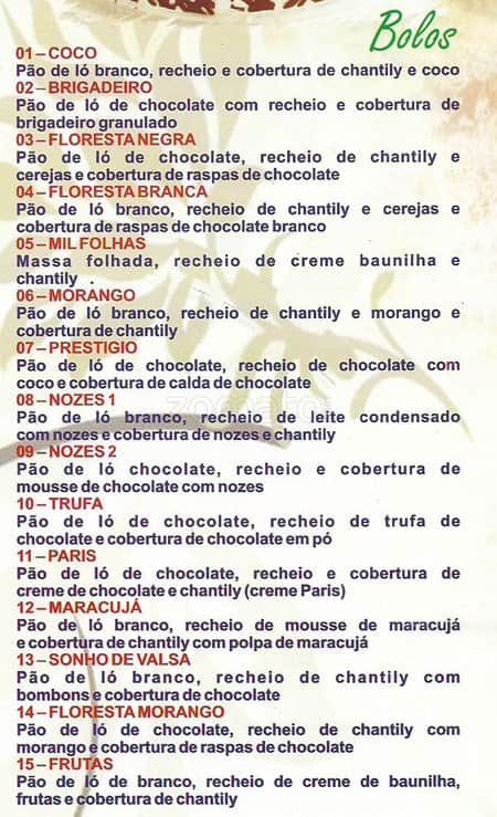 Padaria Santa Cândida cardápio