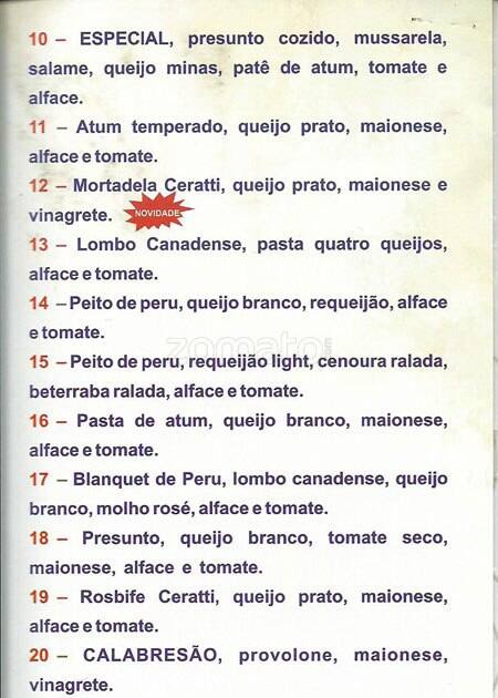 Padaria Santa Cândida cardápio