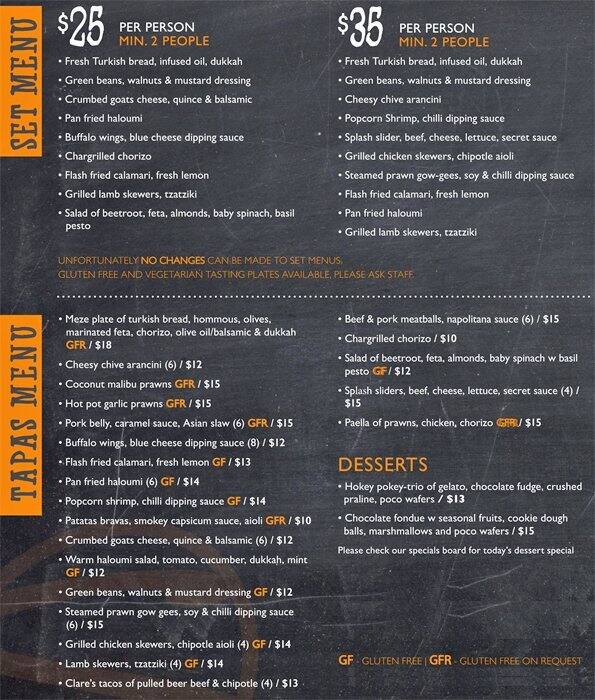 Splash Tapas Bar menu, Menu restauracji Splash Tapas Bar, Cronulla