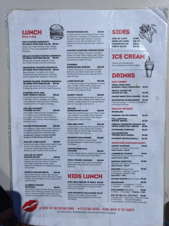 Menu at Kiss The Barista, Sandringham