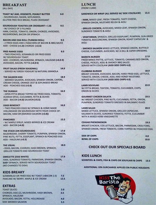 Kiss The Barista Menu, Menu for Kiss The Barista, Sans