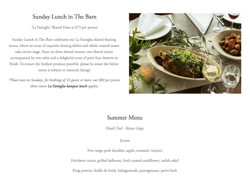 Menu at Stones of the Yarra Valley restaurant, Coldstream, 14 St Huberts Rd