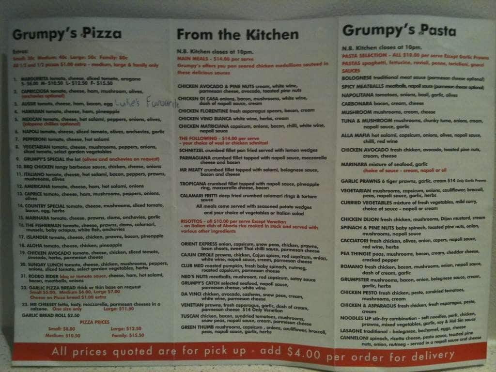 Grumpy's on Dava Menu, Menu for Grumpy's on Dava, Mornington