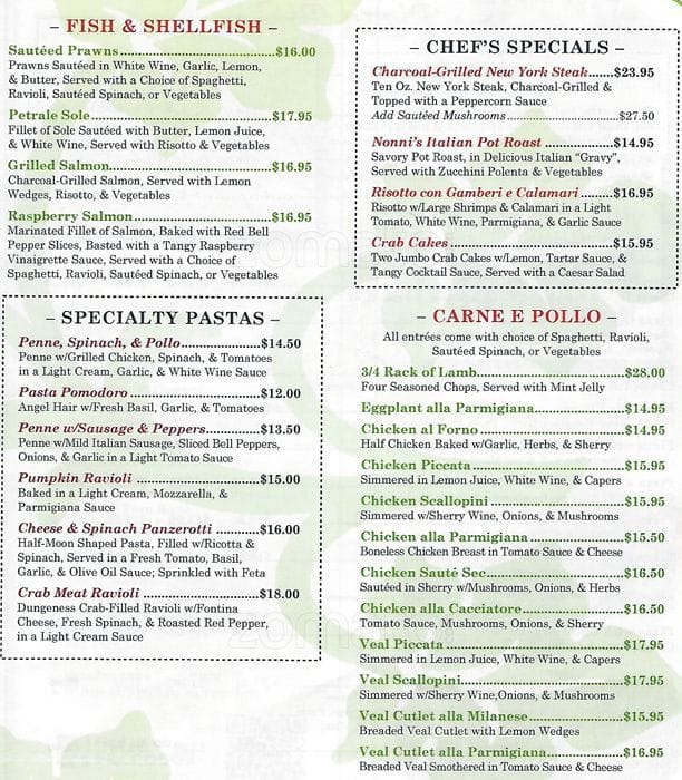 Carta de pizzería O Sole Mio, Millbrae