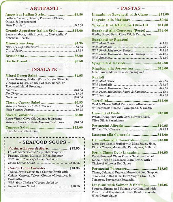 Carta de pizzería O Sole Mio, Millbrae