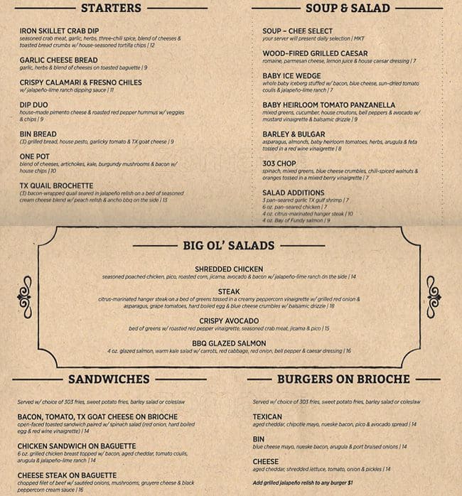 Bin 303 Menu, Menu for Bin 303, Rockwall, Rockwall