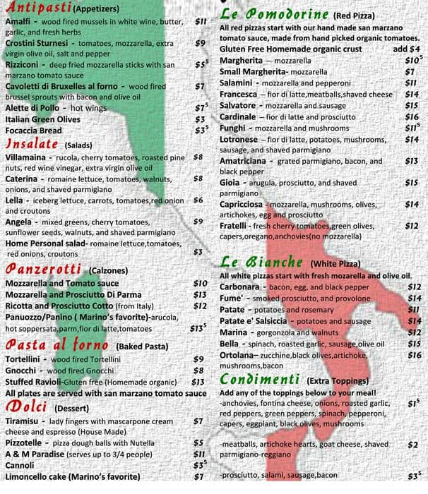 Menu at Marino's Pizzeria & Wine bar trattoria, Littleton