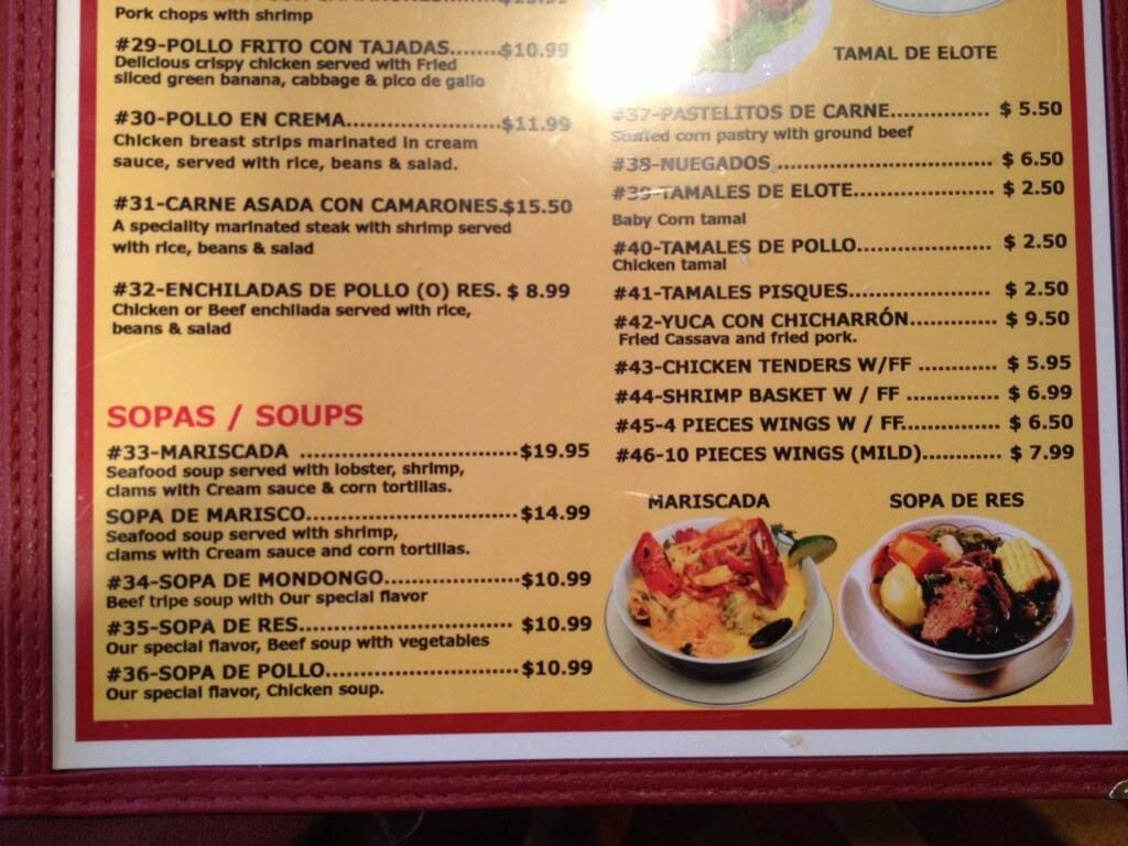 Menu at mi Comalito restaurant, Baltimore