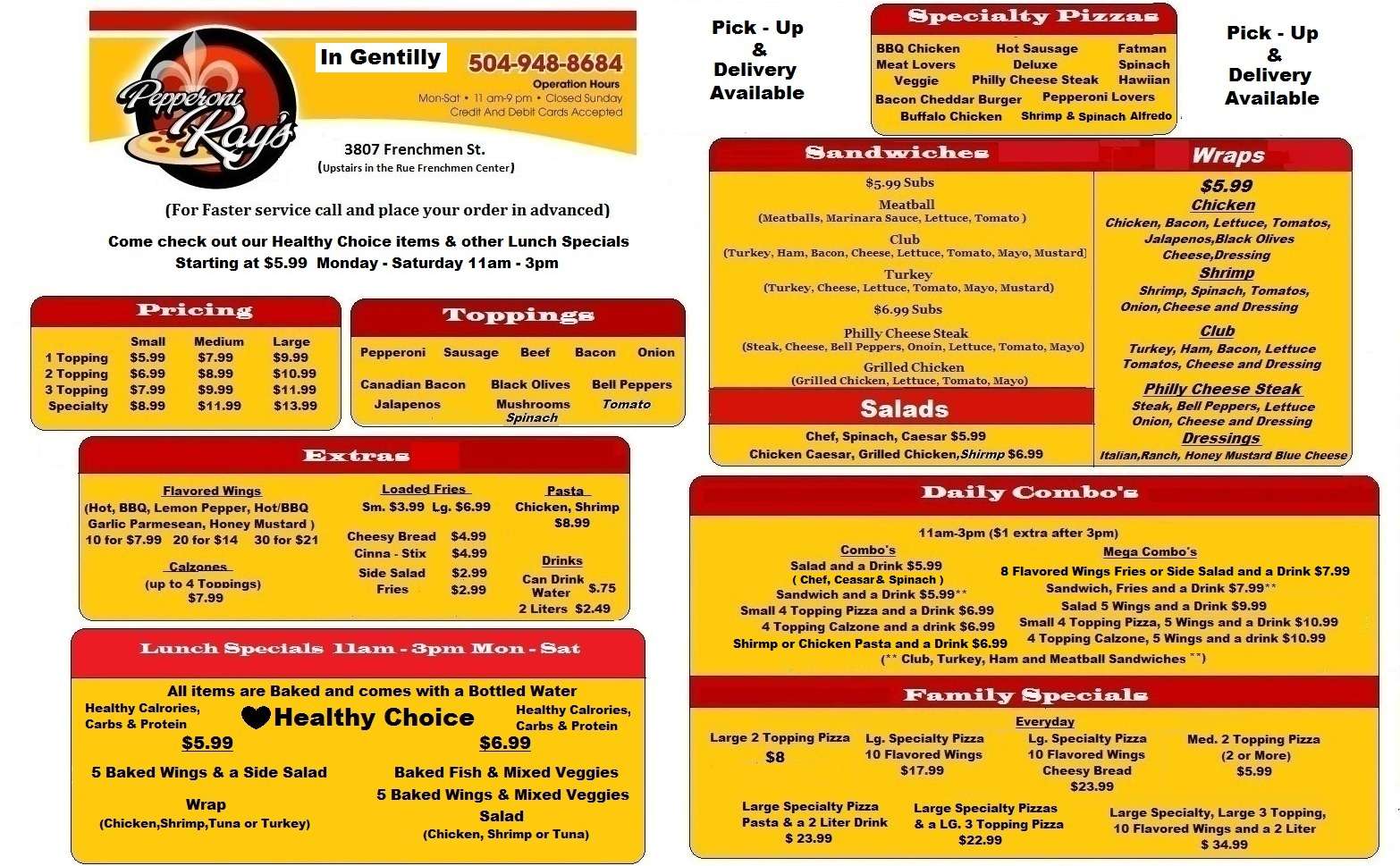 Pepperoni Ray's Menu, Menu for Pepperoni Ray's, Gentilly, New Orleans
