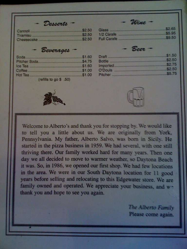 Menu at Alberto's Pizza pizzeria, Edgewater