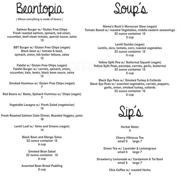 Menu at Big Bean Theory restaurant, Baltimore, 520 Park Ave #2195