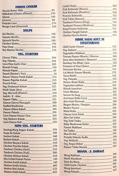 Neelam-e-Punjab menu
