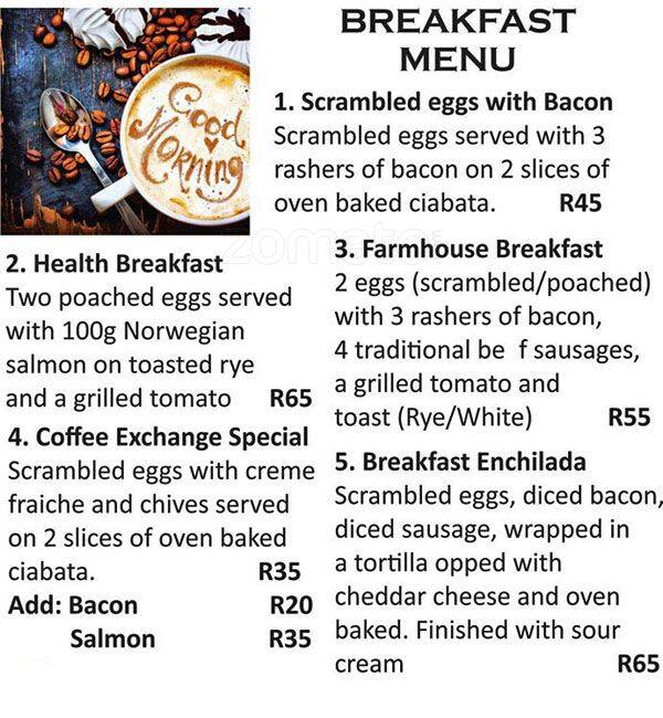 Coffee Exchange menu, Menu restauracji Coffee Exchange, Kyalami